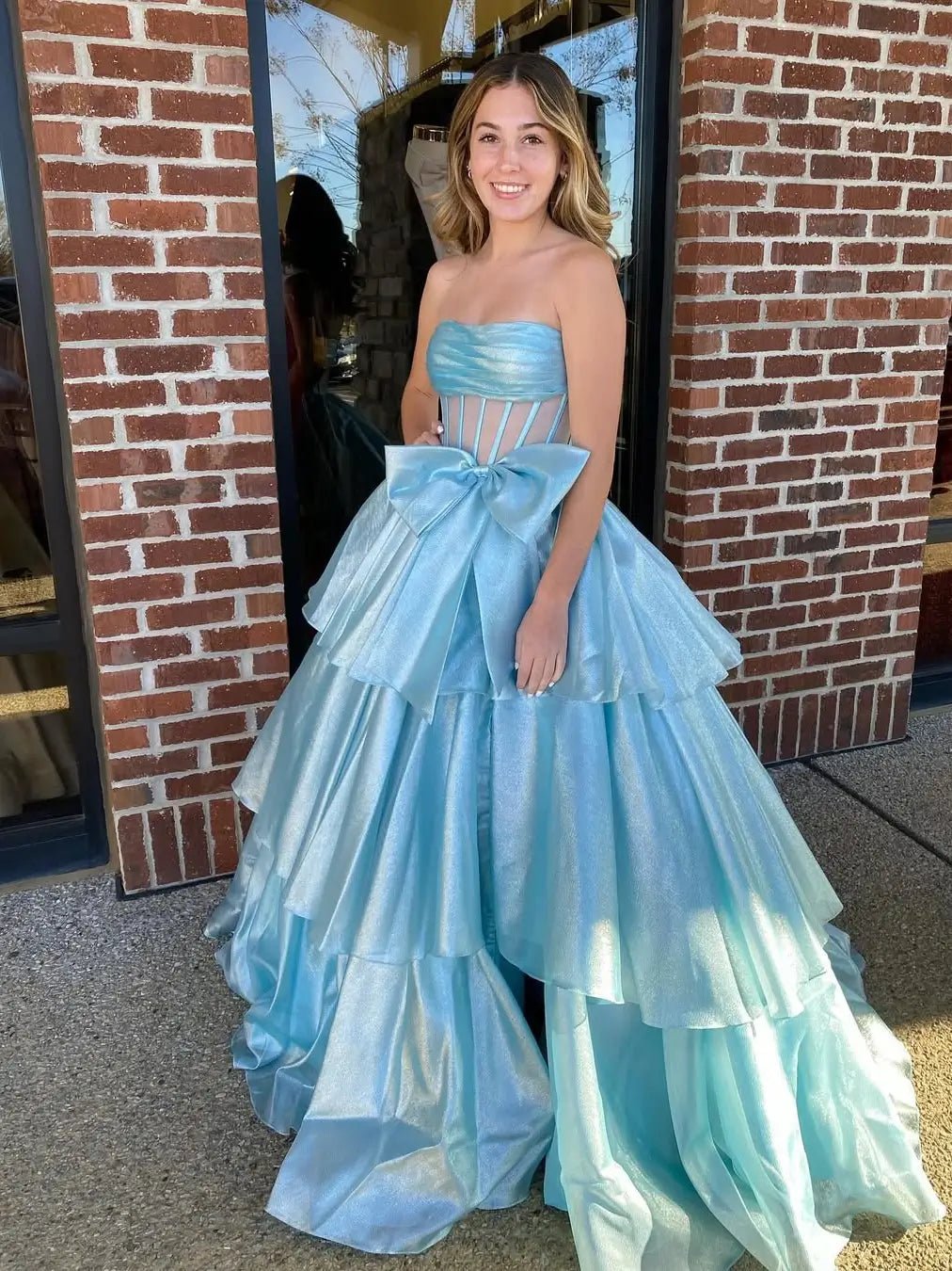 Shimmering Organza Strapless Prom Dress with Slit, Tiered Bottom & Bow – Style FD5194 - Viniodressprom dressesCustom ColorsCustom Size - Formal Dresses - Ball Gowns