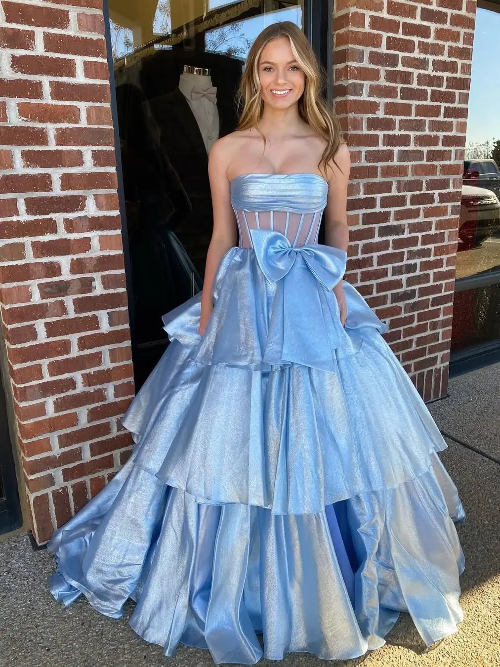 Shimmering Organza Strapless Prom Dress with Slit, Tiered Bottom & Bow – Style FD5194 - Viniodressprom dressesCustom ColorsCustom Size - Formal Dresses - Ball Gowns