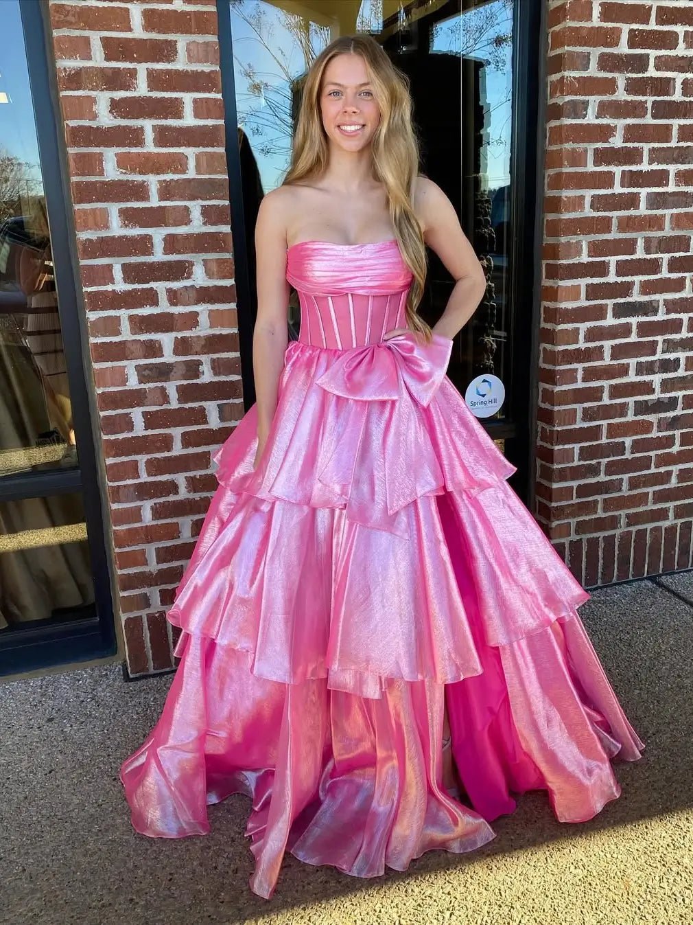 Shimmering Organza Strapless Prom Dress with Slit, Tiered Bottom & Bow – Style FD5194 - Viniodressprom dressesPinkCustom Size - Formal Dresses - Ball Gowns