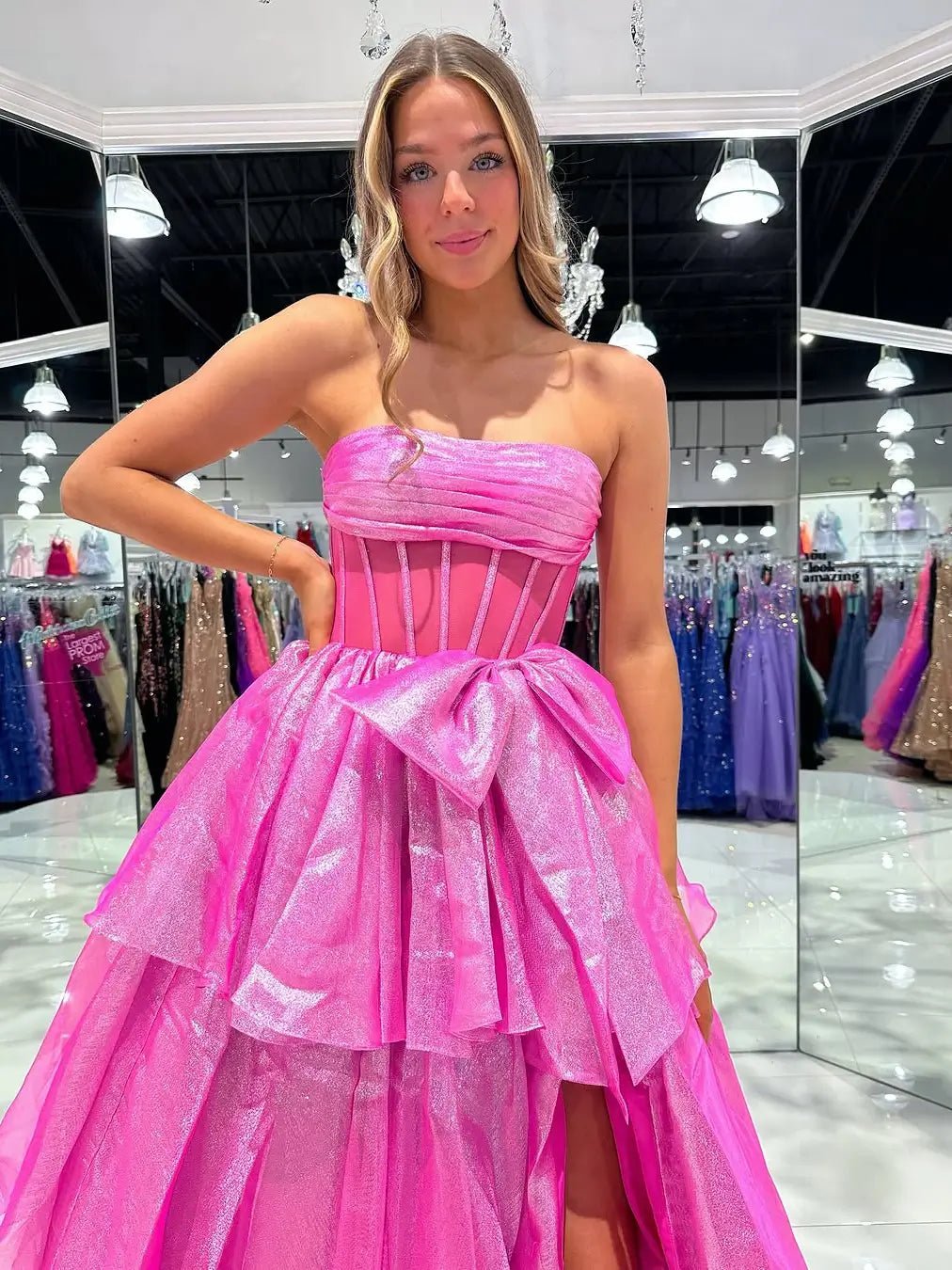 Shimmering Organza Strapless Prom Dress with Slit, Tiered Bottom & Bow – Style FD5194 - Viniodressprom dressesPinkCustom Size - Formal Dresses - Ball Gowns