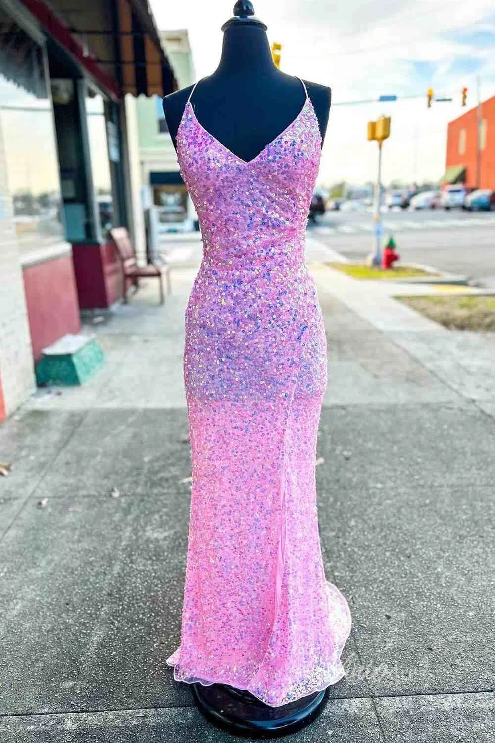 Shimmering Pink Sequin Mermaid Prom Dress with Spaghetti Straps and High Slit FD3461 - Viniodressprom dressesPinkCustom Size - Formal Dresses - Ball Gowns