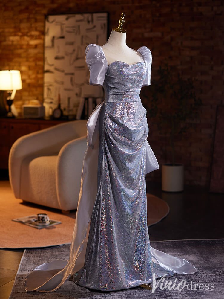 Shimmering Satin Puffed Sleeve Prom Dresses Mermaid Bow - Tie Evening Dress AD1332 - Viniodressprom dressesSilverCustom Size - Formal Dresses - Ball Gowns