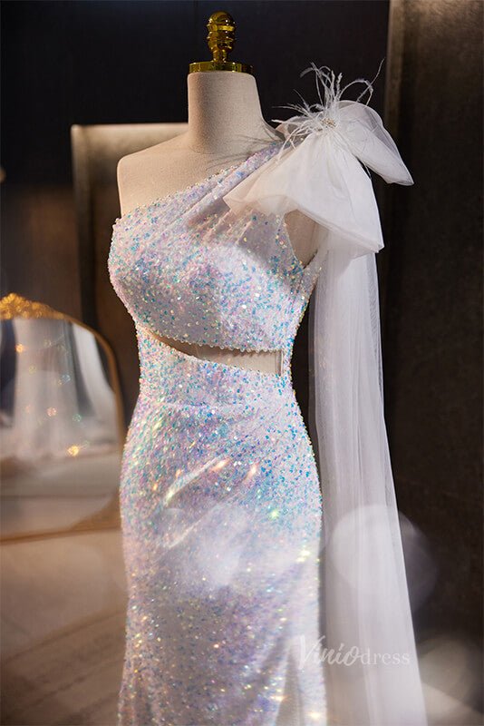 Shimmering Sequin Mermaid Prom Dresses with Slit One Shoulder Evening Dress AD1102 - Viniodressprom dressesWhiteCustom Size - Formal Dresses - Ball Gowns