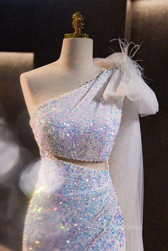 Shimmering Sequin Mermaid Prom Dresses with Slit One Shoulder Evening Dress AD1102 - Viniodressprom dressesWhiteCustom Size - Formal Dresses - Ball Gowns