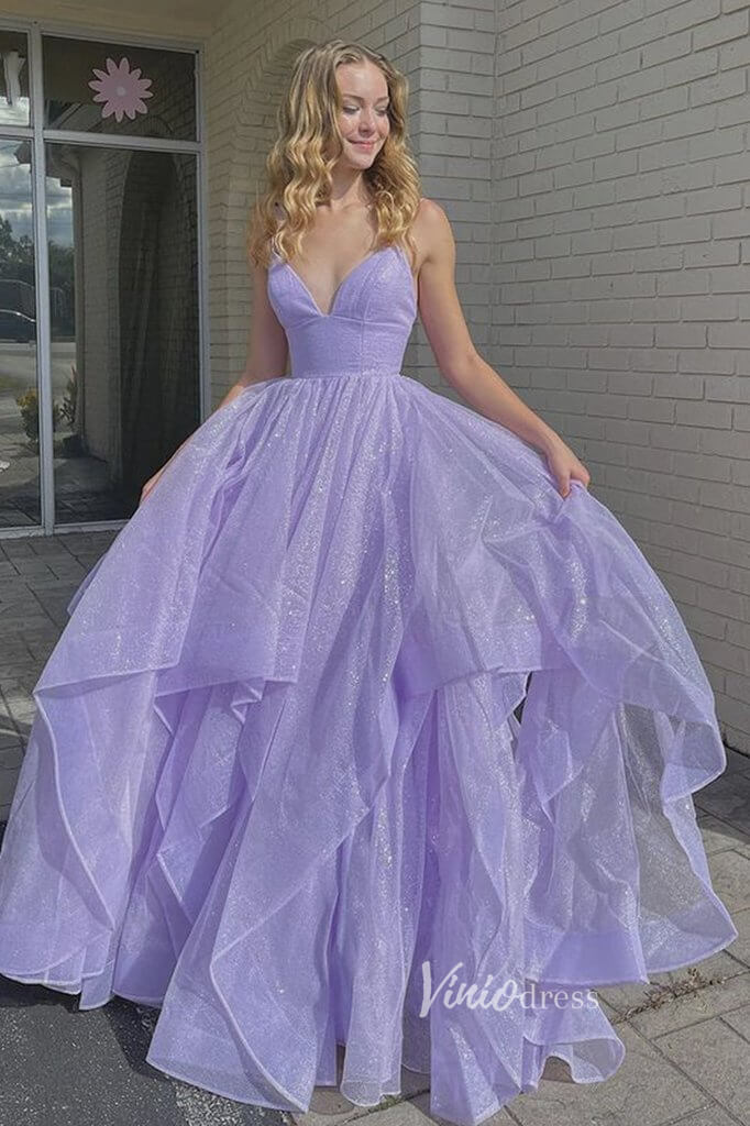 Prom Dress 2025 Shiny Lilac Long Prom Dresses Tiered Formal Dress with Strap FD2954-unique prom dresses-Lilac-Custom Size-Viniodress