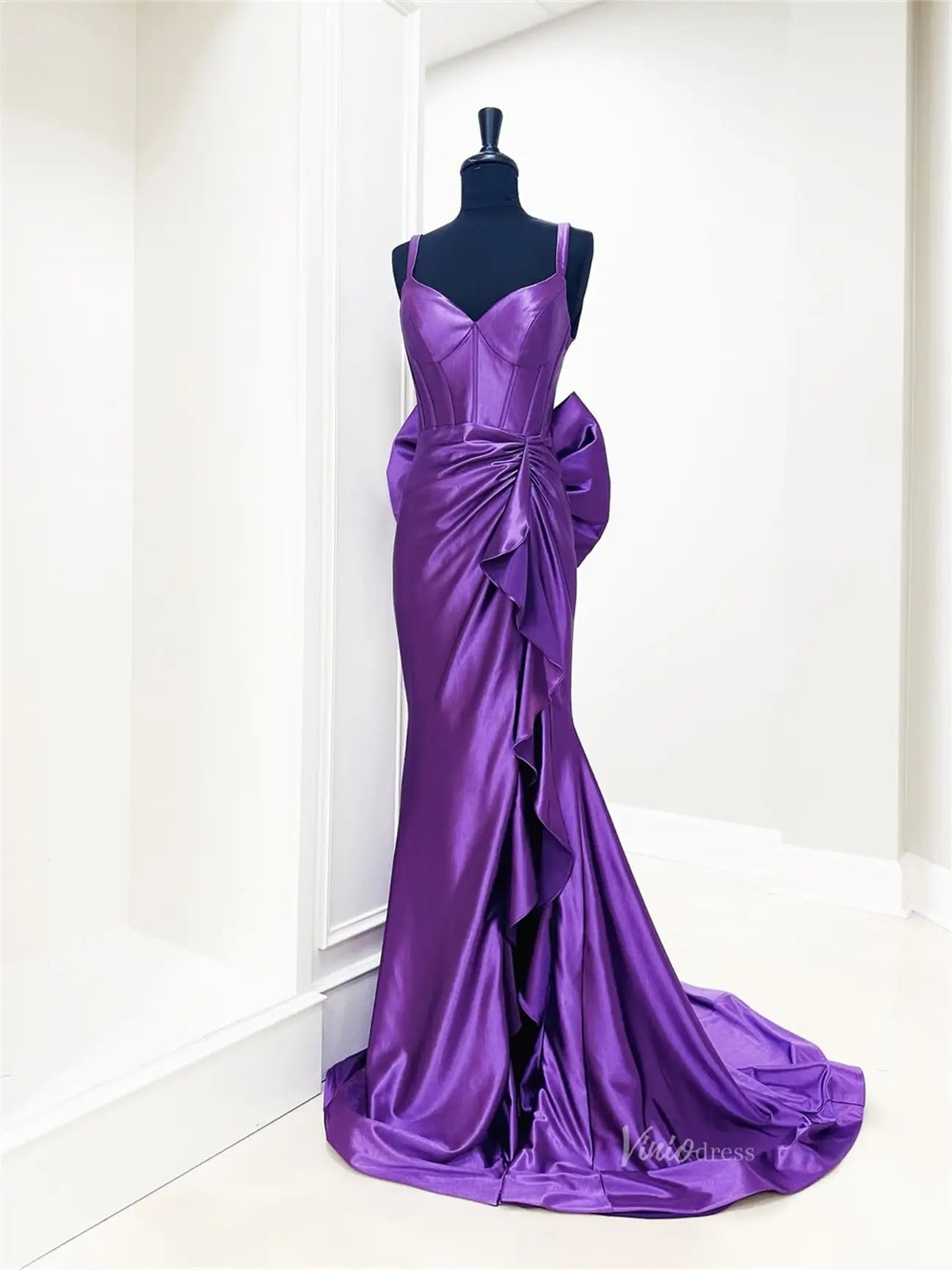 Shiny Purple Satin Mermaid Prom Dress | Backless Gown with Ruffled Slit & Bow Tail – FD6045 - Viniodressprom dressesPurpleCustom Size - Formal Dresses - Ball Gowns