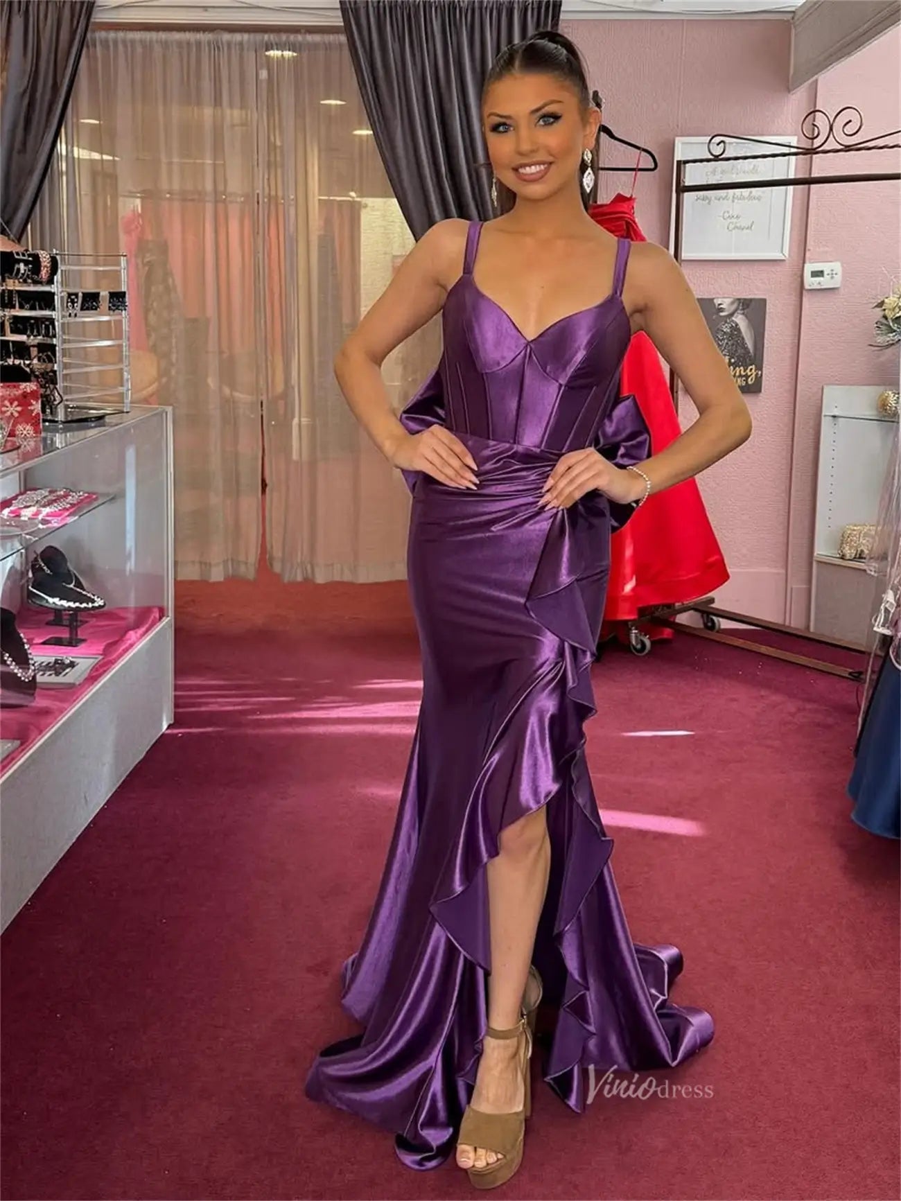 Shiny Purple Satin Mermaid Prom Dress | Backless Gown with Ruffled Slit & Bow Tail – FD6045 - Viniodressprom dressesPurpleCustom Size - Formal Dresses - Ball Gowns