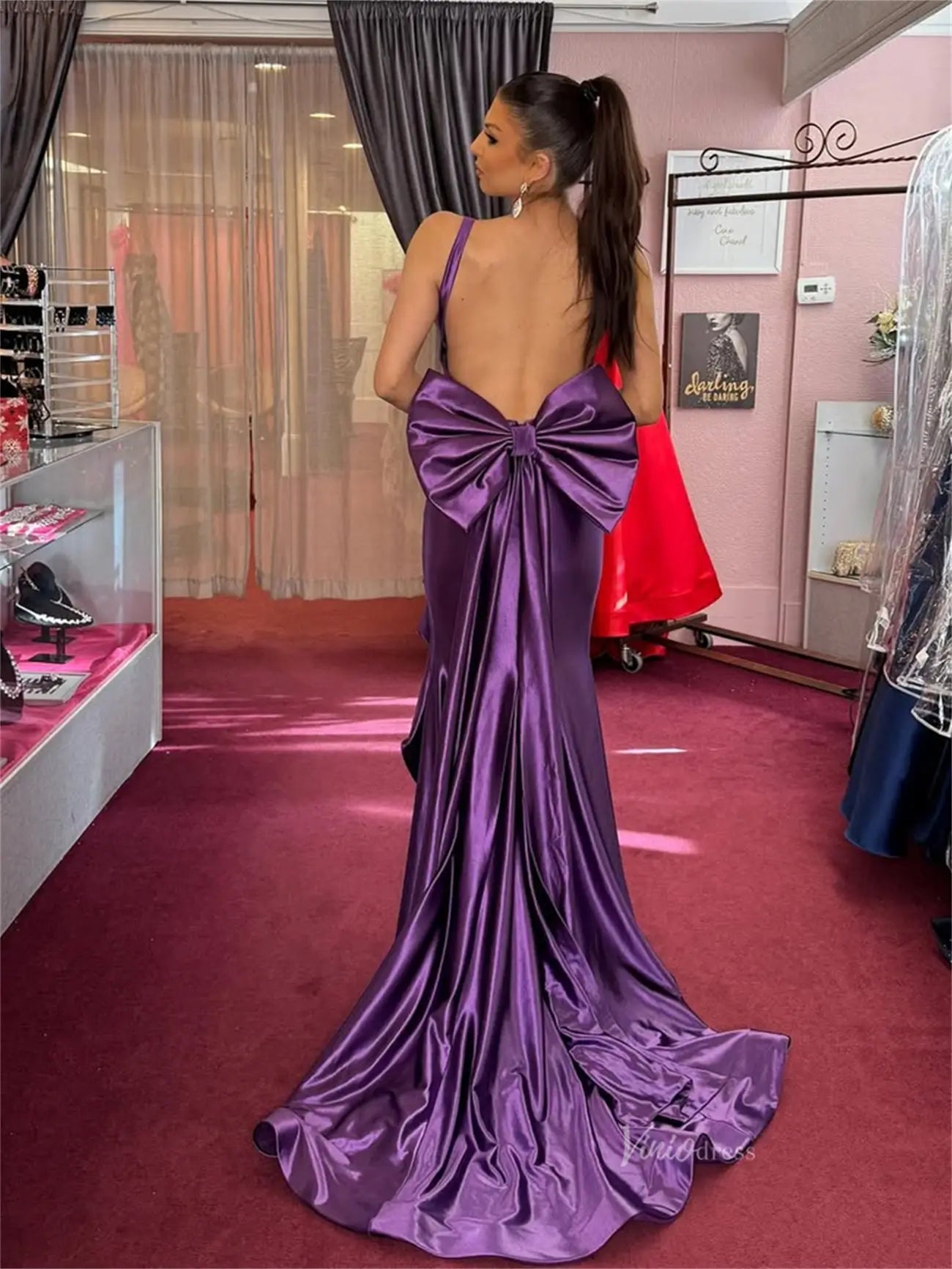 Shiny Purple Satin Mermaid Prom Dress | Backless Gown with Ruffled Slit & Bow Tail – FD6045 - Viniodressprom dressesPurpleCustom Size - Formal Dresses - Ball Gowns