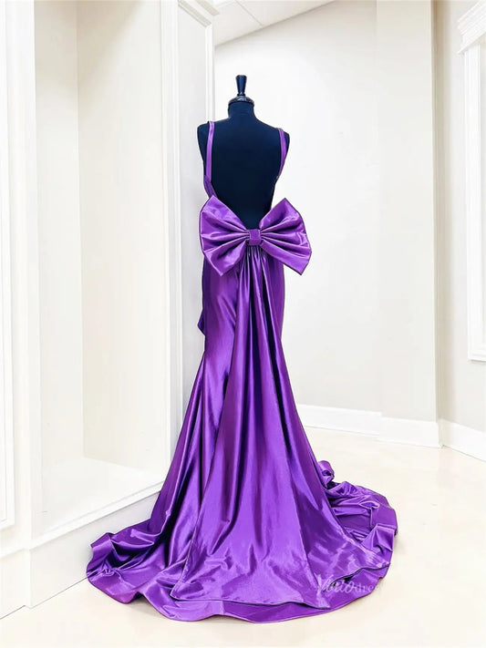 Shiny Purple Satin Mermaid Prom Dress | Backless Gown with Ruffled Slit & Bow Tail – FD6045 - Viniodressprom dressesPurpleCustom Size - Formal Dresses - Ball Gowns