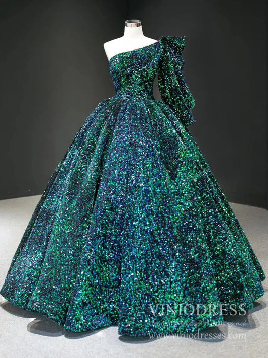 prom dresses 2025 Shiny Sequined One Shoulder Long Sleeve Ball Gown Prom Dresses 67098 viniodress-plus size wedding dresses Viniodress-Green-Custom Size-