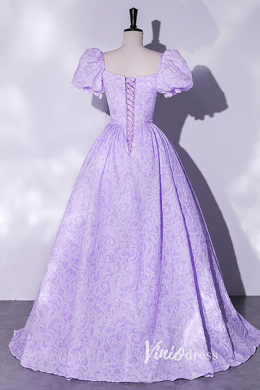 Prom Dress 2025 Short Puff Sleeve Lilac Jacquard Prom Dresses Square Neck Ball Gowns FD2462-unique prom dresses-Lilac-Custom Size-Viniodress