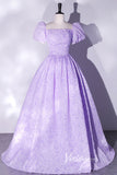 Prom Dress 2025 Short Puff Sleeve Lilac Jacquard Prom Dresses Square Neck Ball Gowns FD2462-unique prom dresses-Lilac-Custom Size-Viniodress