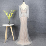 Prom Dress 2025 Silver Beaded Prom Dresses V-neck Long Sleeve Evening Dress FD2611-unique Prom Dresses-Champagne-US2-Viniodress