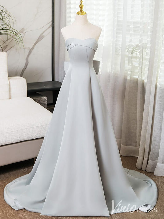 Silver Grey Smooth Satin Prom Dresses Strapless Bow - Tie Formal Dress AD1363 - Viniodressprom dressesSilverCustom Size - Formal Dresses - Ball Gowns