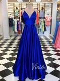 Prom Dress 2025 Simple Dark Red Satin Long Prom Dresses with Pockets Spaghetti Strap FD1514-unique prom dresses-Royal Blue-Custom Size-Viniodress