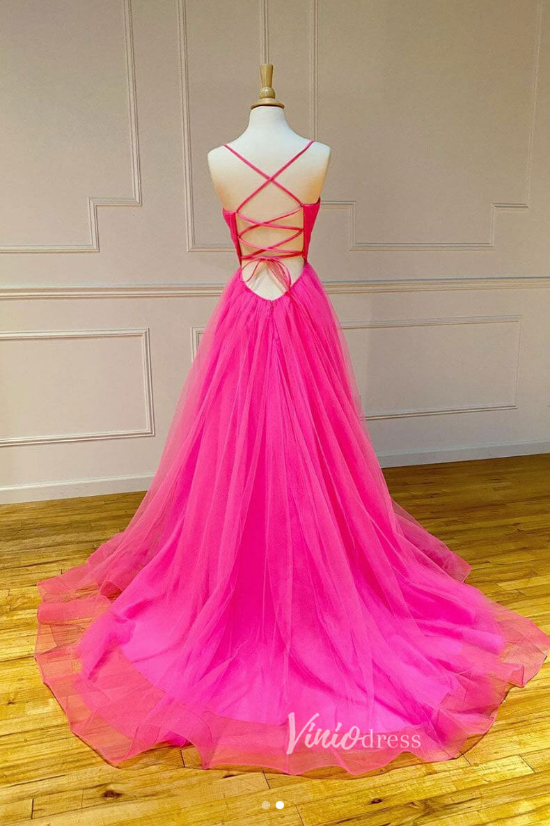 Prom Dress 2025 Simple Hot Pink Tulle Prom Dresses Spaghetti Strap FD2544-unique prom dresses-Hot Pink-Custom Size-Viniodress