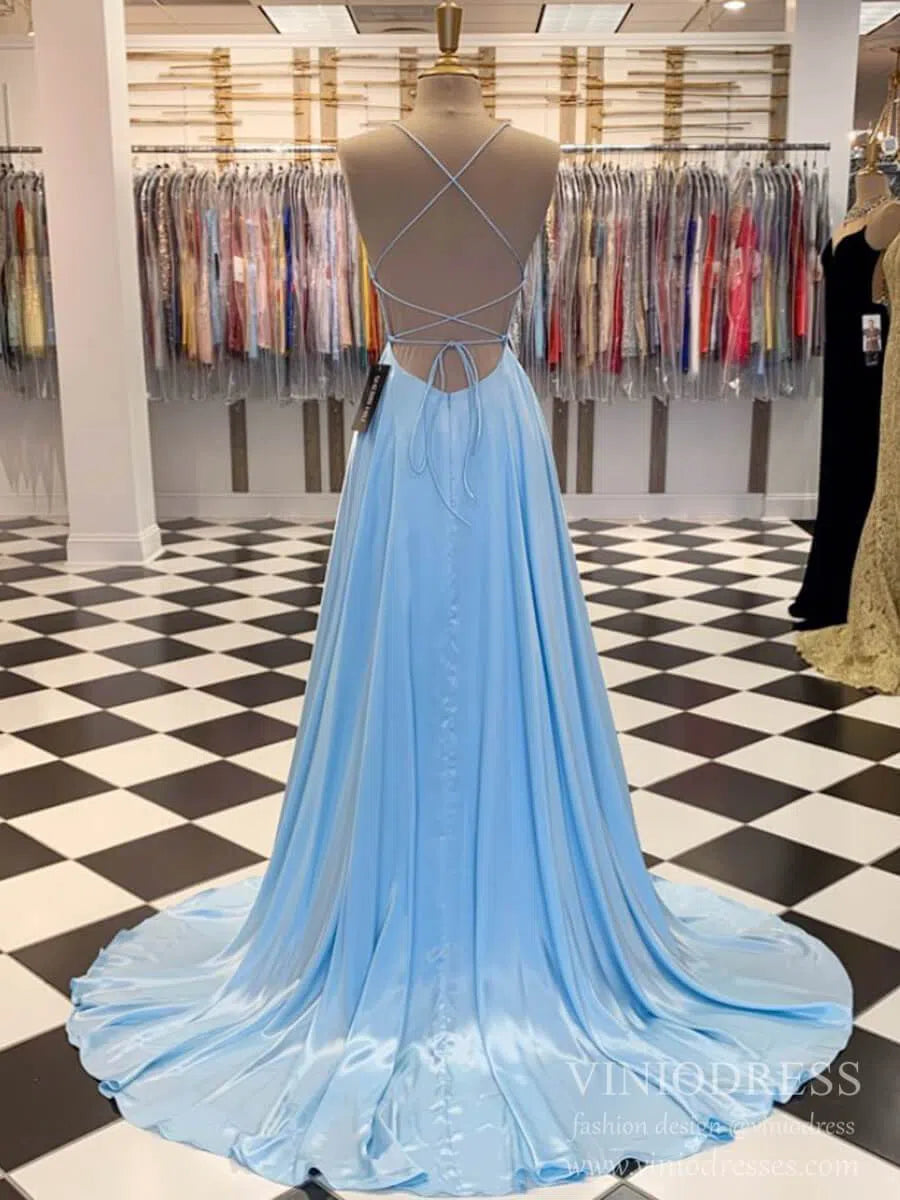 Prom Dress 2025 Simple Light Blue Long Prom Dresses with Slit and Pockets FD1513-unique prom dresses-Light Blue-Custom Size-Viniodress