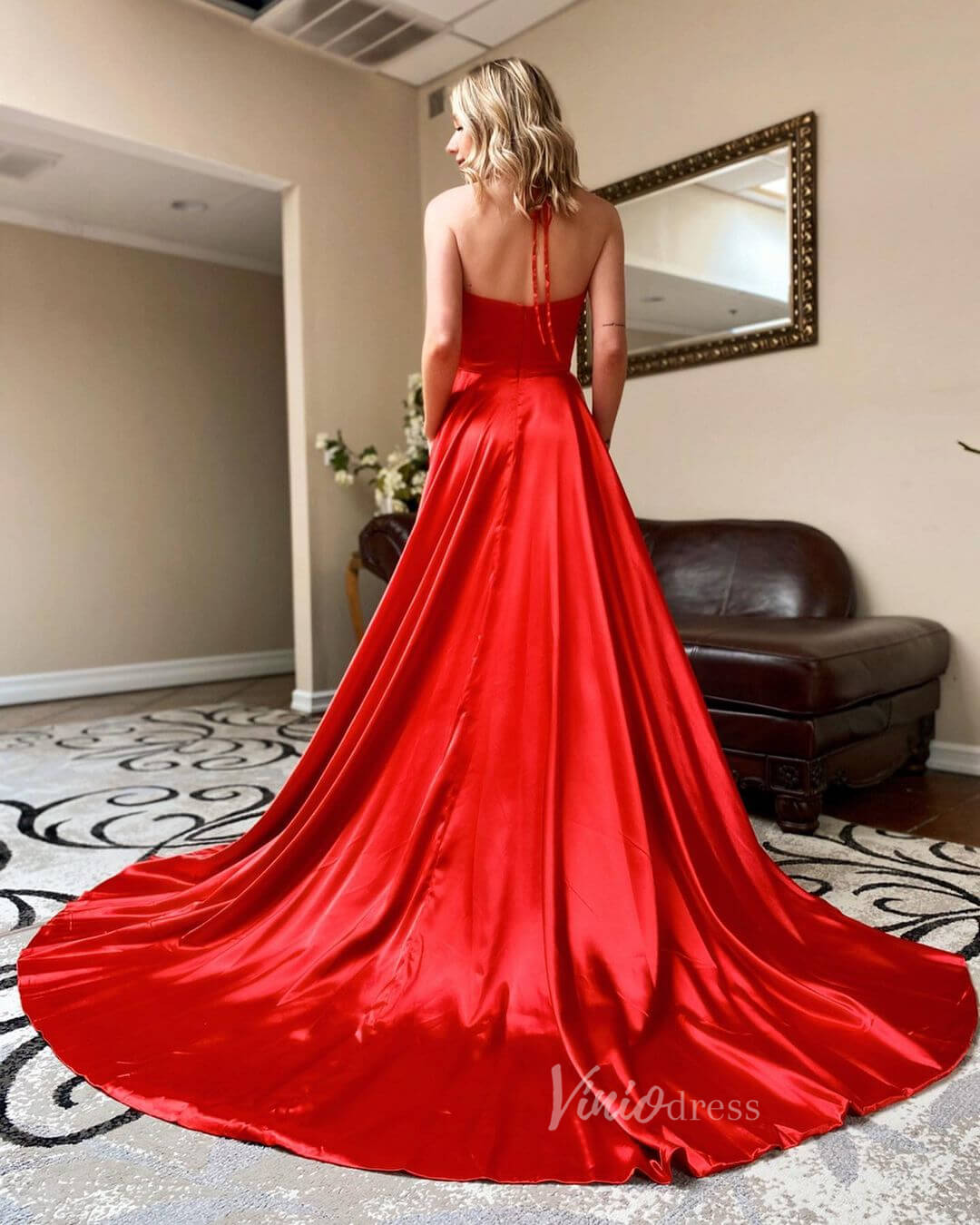 Prom Dress 2025 Simple Red Satin Prom Dress with Pockets Halter Formal Dress FD1819H-unique prom dresses-Red-Custom Size-Viniodress