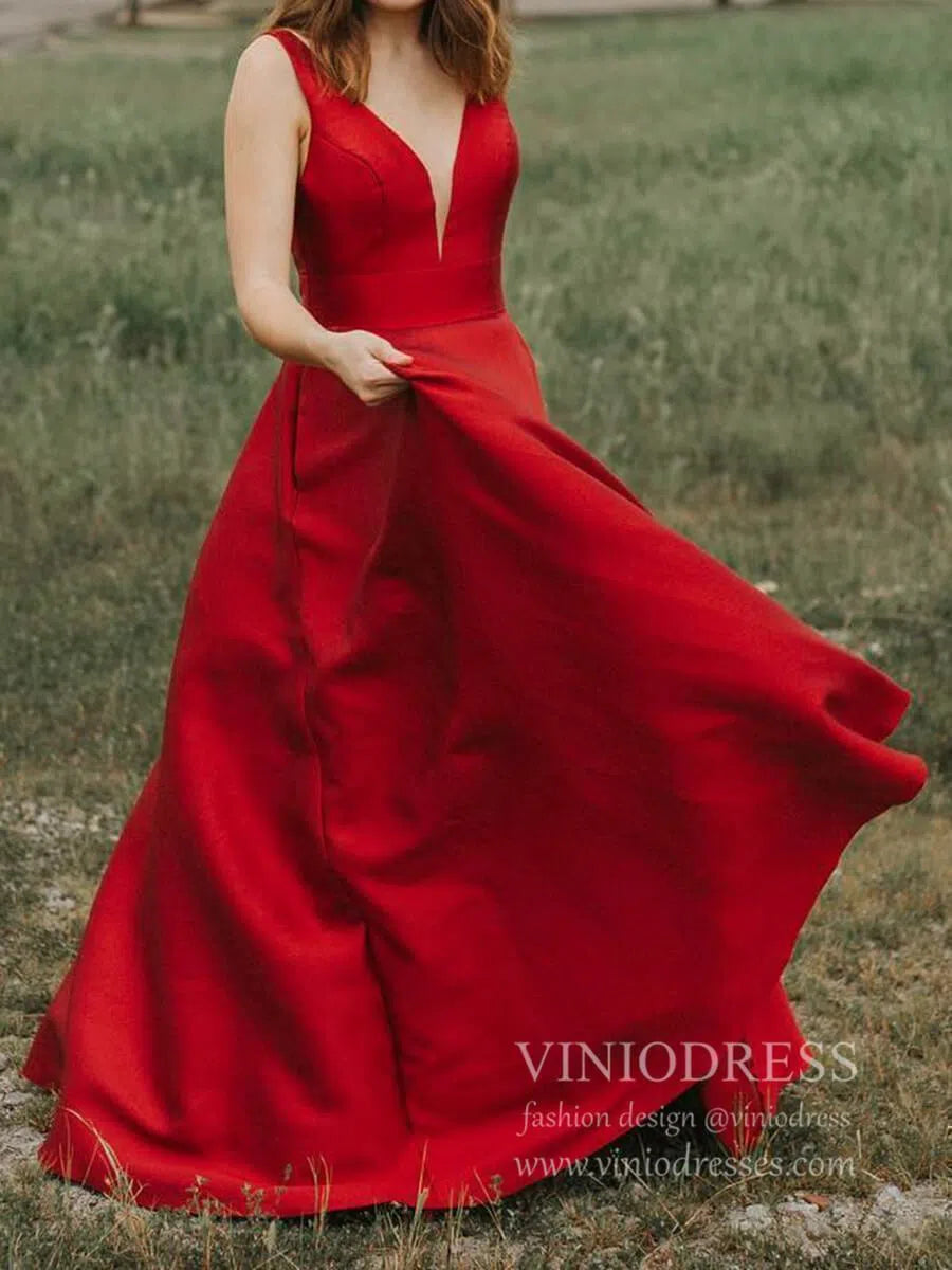 Prom Dress 2025 Simple Red Satin V Neck Long Prom Dresses with Pockets FD1760-unique prom dresses-Red-Custom Size-Viniodress