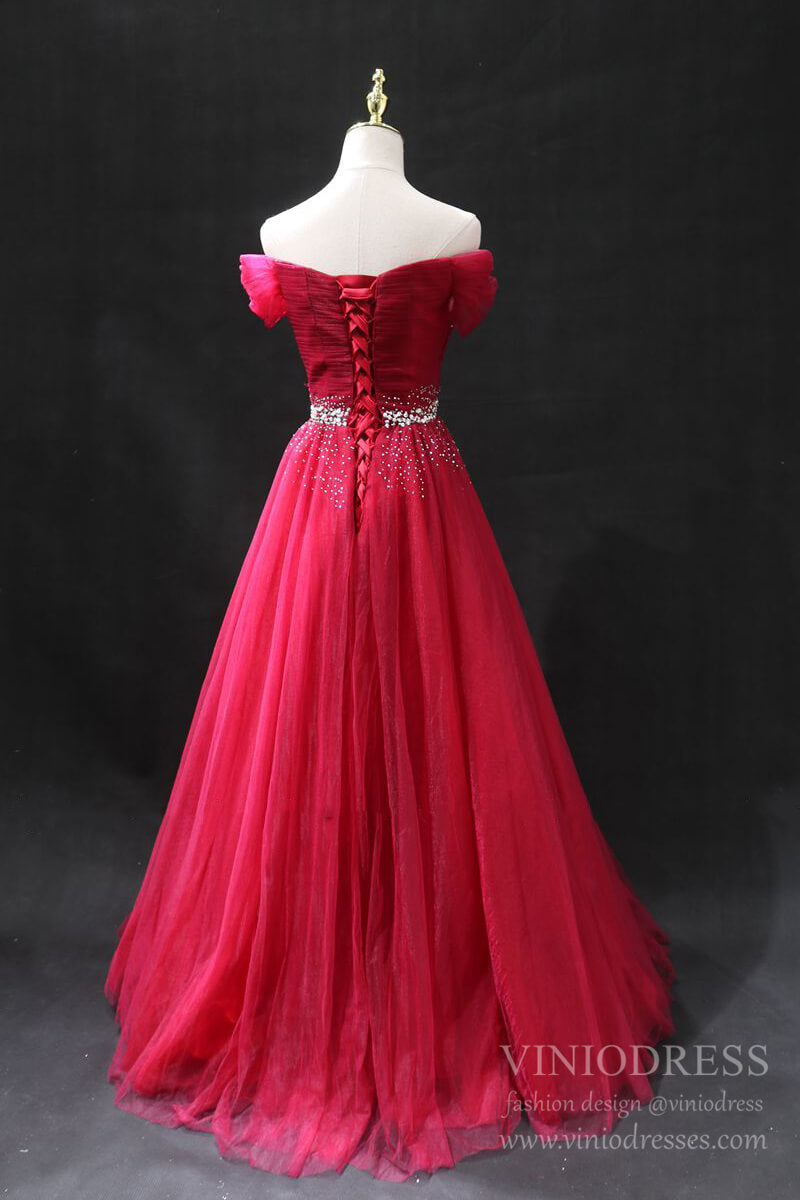 Prom Dress 2025 Simple Red Tulle Prom Dress Off the Shoulder Evening Gown-unique Prom Dresses-Red-US2-Viniodress