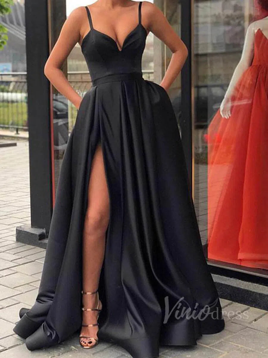 Prom Dress 2025 Simple Royal Blue Satin Long Prom Dresses with Pockets FD1551B-unique prom dresses-Black-Custom Size-Viniodress