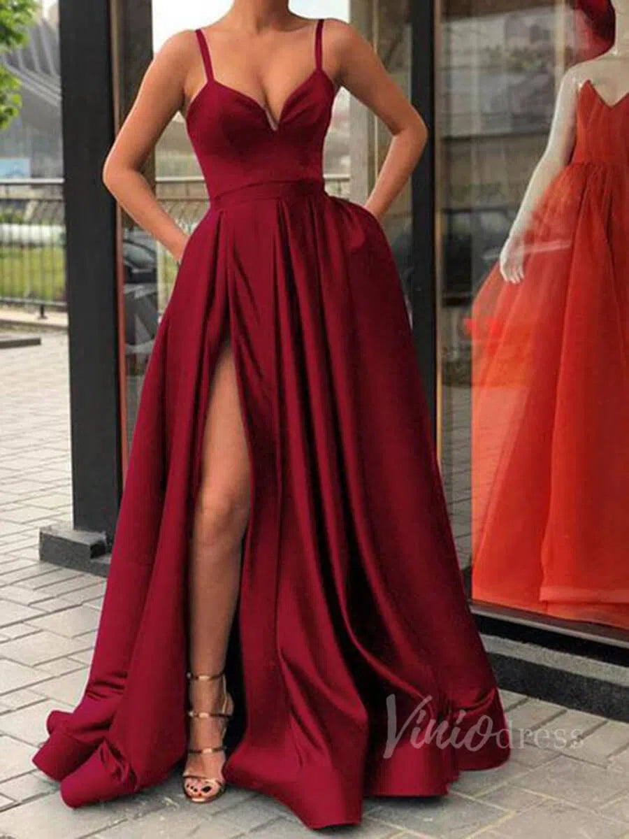 Prom Dress 2025 Simple Royal Blue Satin Long Prom Dresses with Pockets FD1551B-unique prom dresses-Burgundy-Custom Size-Viniodress