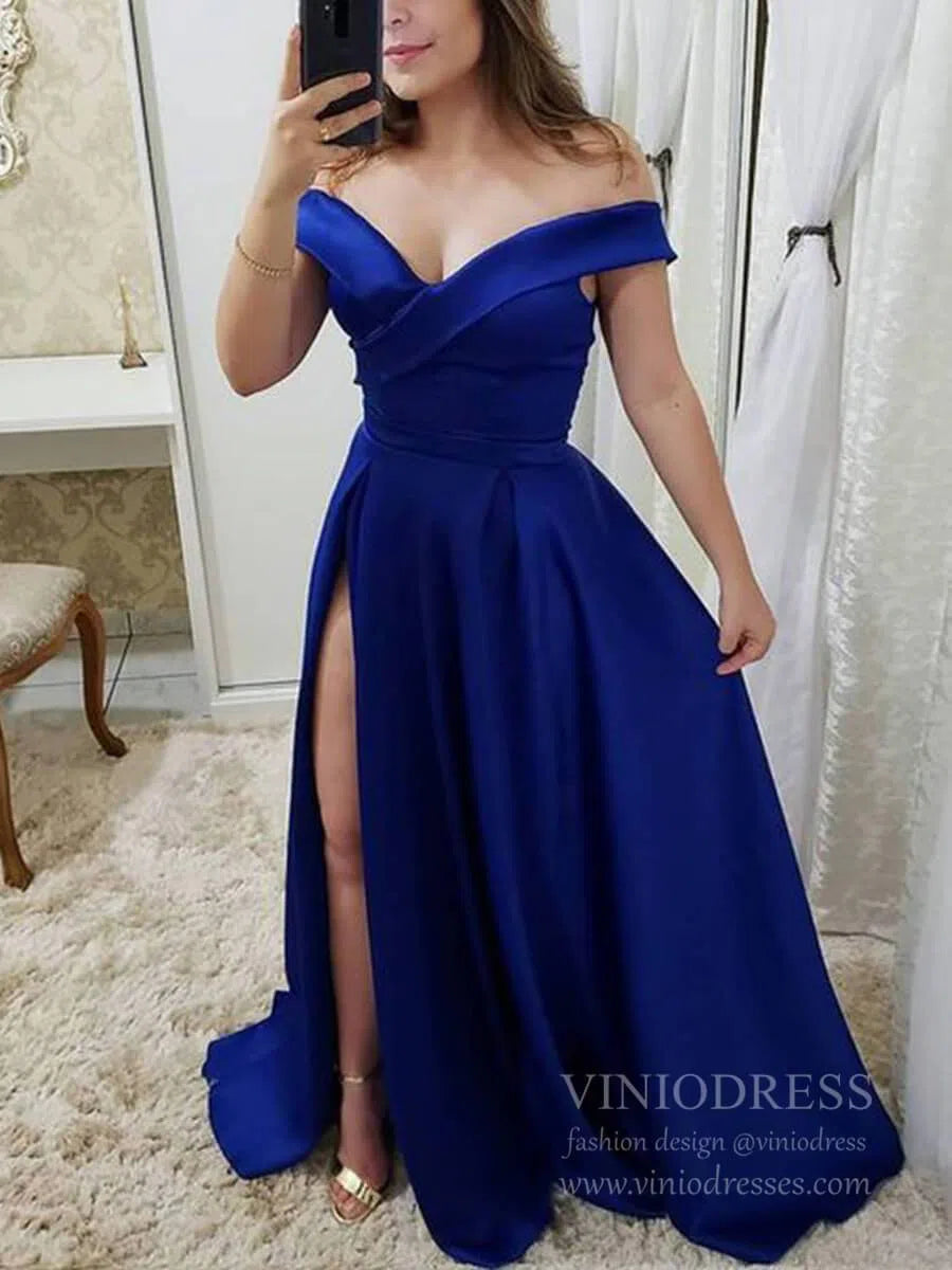 Prom Dress 2025 Simple Side Slit Burgundy Long Prom Dresses Off the Shoulder FD1709-unique prom dresses-Royal Blue-Custom Size-Viniodress