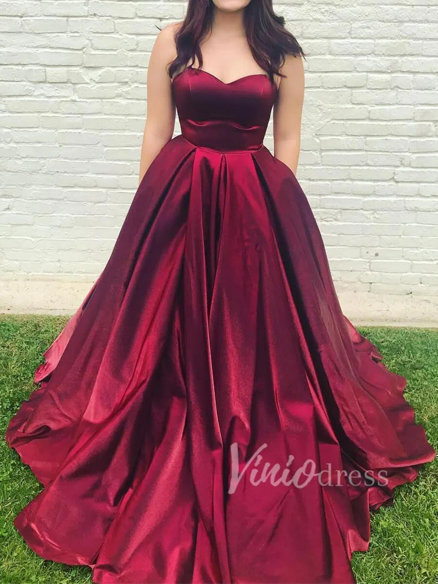 Prom Dress 2025 Simple Strapless Burgundy Prom Dresses with Pockets FD1376-unique prom dresses-Burgundy-Custom Size-Viniodress