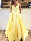 Prom Dress 2025 Simple V Neck Yellow Long Prom Dresses with Pockets FD1713-unique prom dresses-Yellow-Custom Size-Viniodress