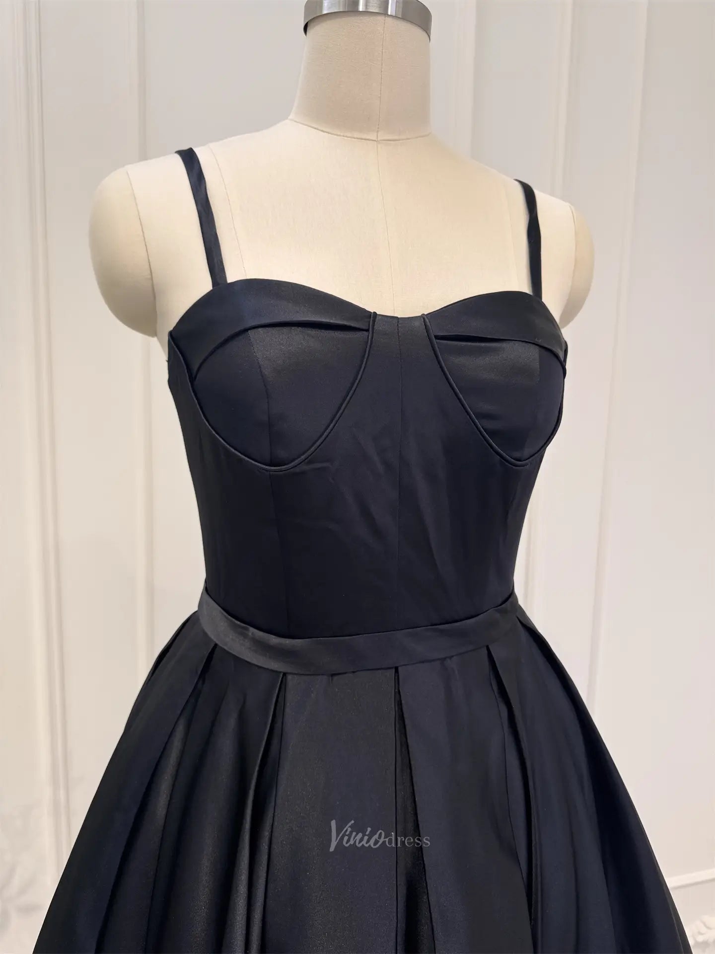 Prom Dresses 2025-to impress Size 10 Black Satin Prom Dress Midi Spaghetti Strap Little Black Dress CL010-plus size wedding dresses Viniodress-Black-US10-