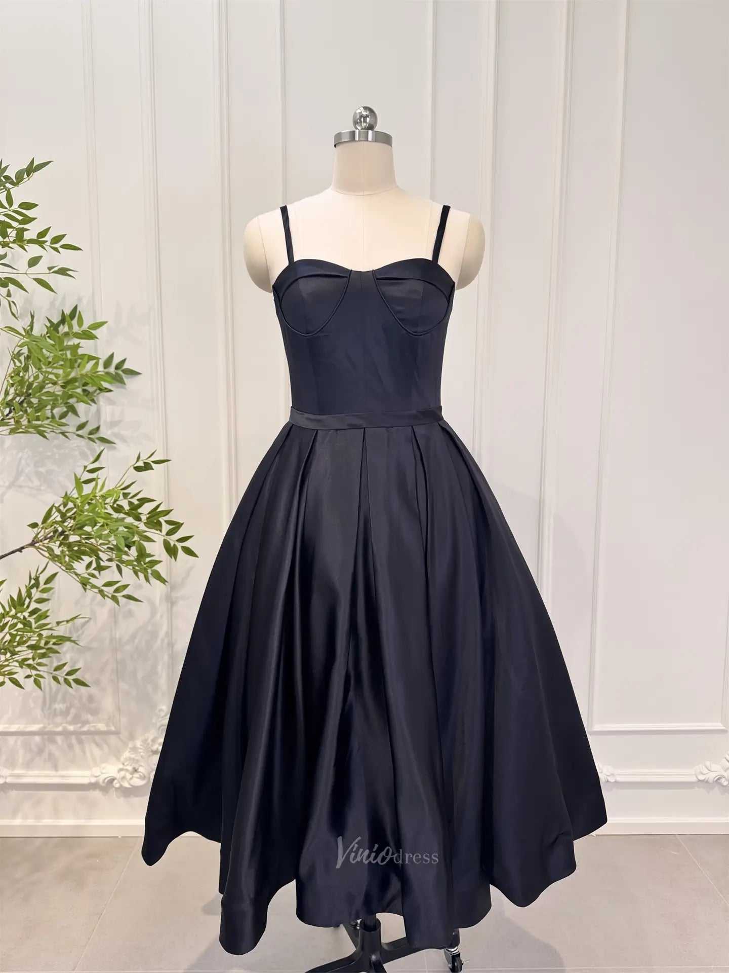 Prom Dresses 2025-to impress Size 10 Black Satin Prom Dress Midi Spaghetti Strap Little Black Dress CL010-plus size wedding dresses Viniodress-Black-US10-