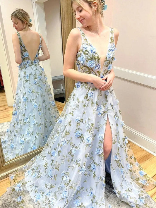 Sky Blue Floral Prom Dresses with Slit V - neck Flower Blossom Formal Dresses FD3800 - Viniodressprom dressesLight BlueCustom Size - Formal Dresses - Ball Gowns