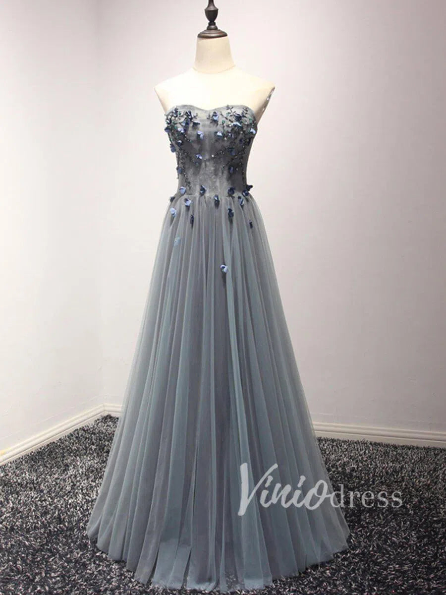 Prom Dress 2025 Slate Grey Strapless Floral Prom Dresses Long FD1519-unique prom dresses-As Picture-Custom Size-Viniodress