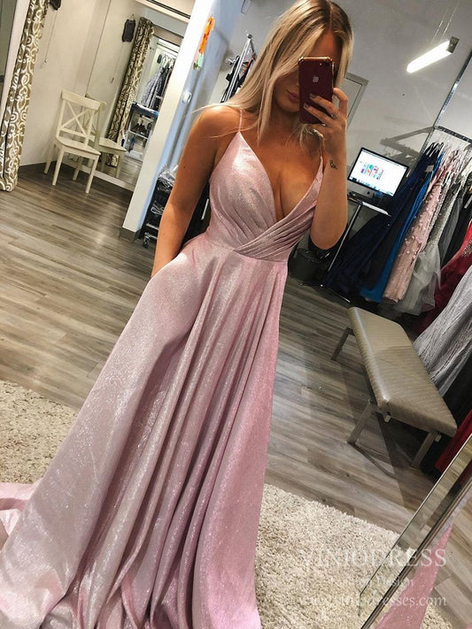 Prom Dress 2025 Spagehtti Strap Sparkly Pink Long Prom Dresses with Pockets FD2539-unique prom dresses-As Picture-Custom Size-Viniodress