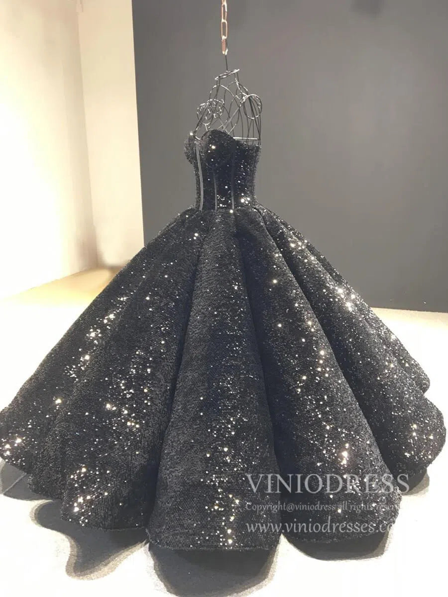 prom dresses 2025 Spaghetti Strap Black Sequin Ball Gown Prom Dresses 66567 viniodress-plus size wedding dresses Viniodress-Black-Custom Size-