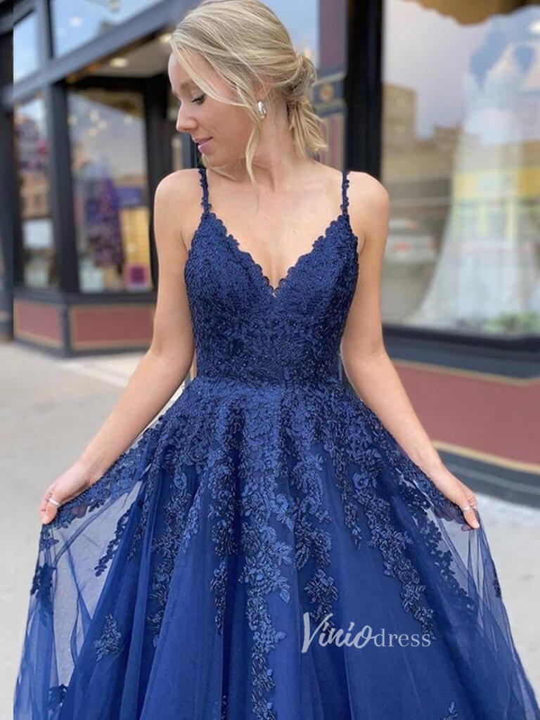 Prom Dress 2025 Spaghetti Strap Blue Prom Dresses Lace Appliqued Formal Dress FD2637-unique prom dresses-Navy Blue-Custom Size-Viniodress