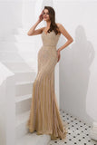 Prom Dress 2025 Spaghetti Strap Gold Beaded Prom Dresses Mermaid Formal Dress FD1372-unique prom dresses-Gold-Custom Size-Viniodress