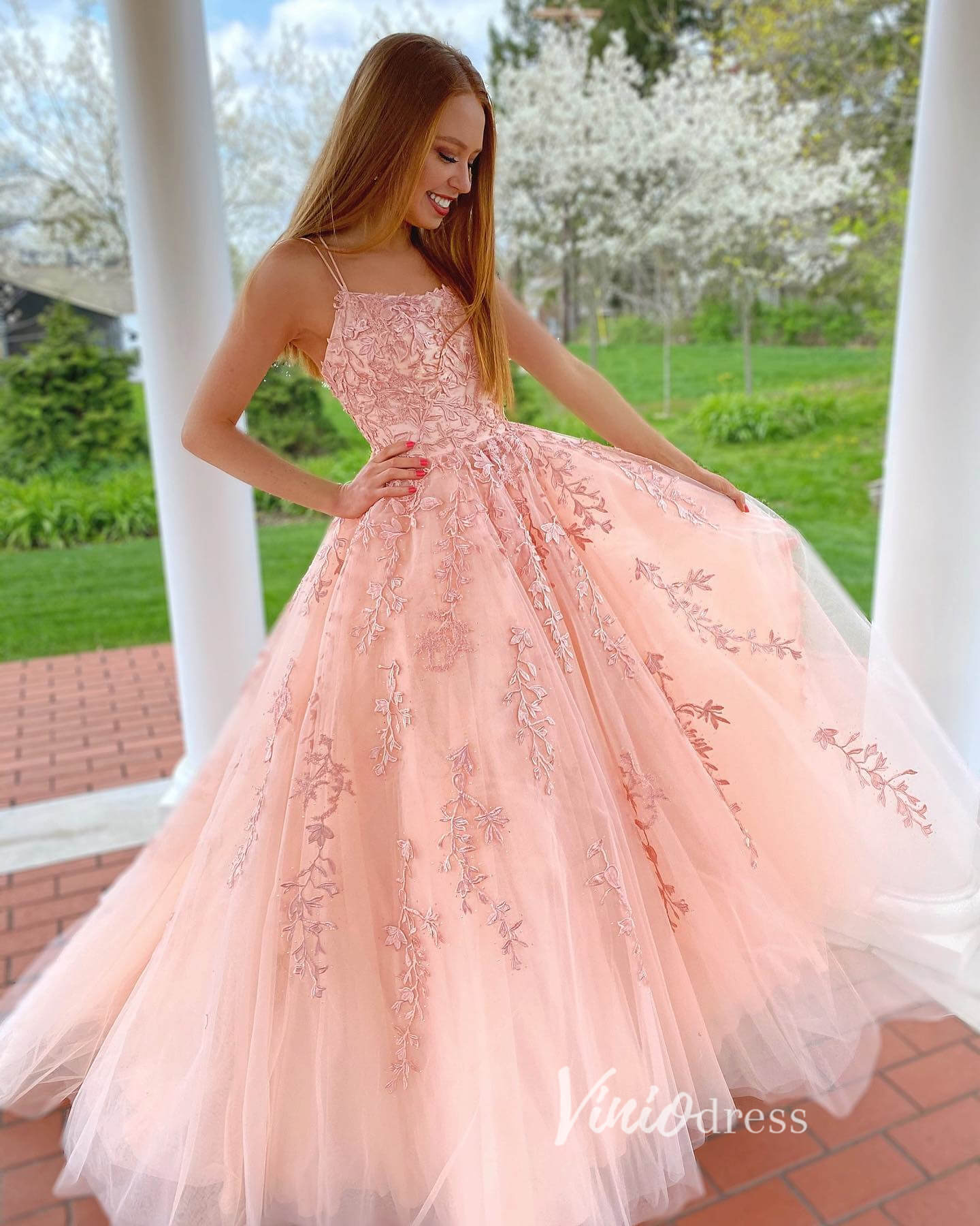 Prom Dress 2025 Spaghetti Strap Lace Long Prom Dresses Lace-Up Back FD1265B-unique prom dresses-Blush Pink-Custom Size-Viniodress