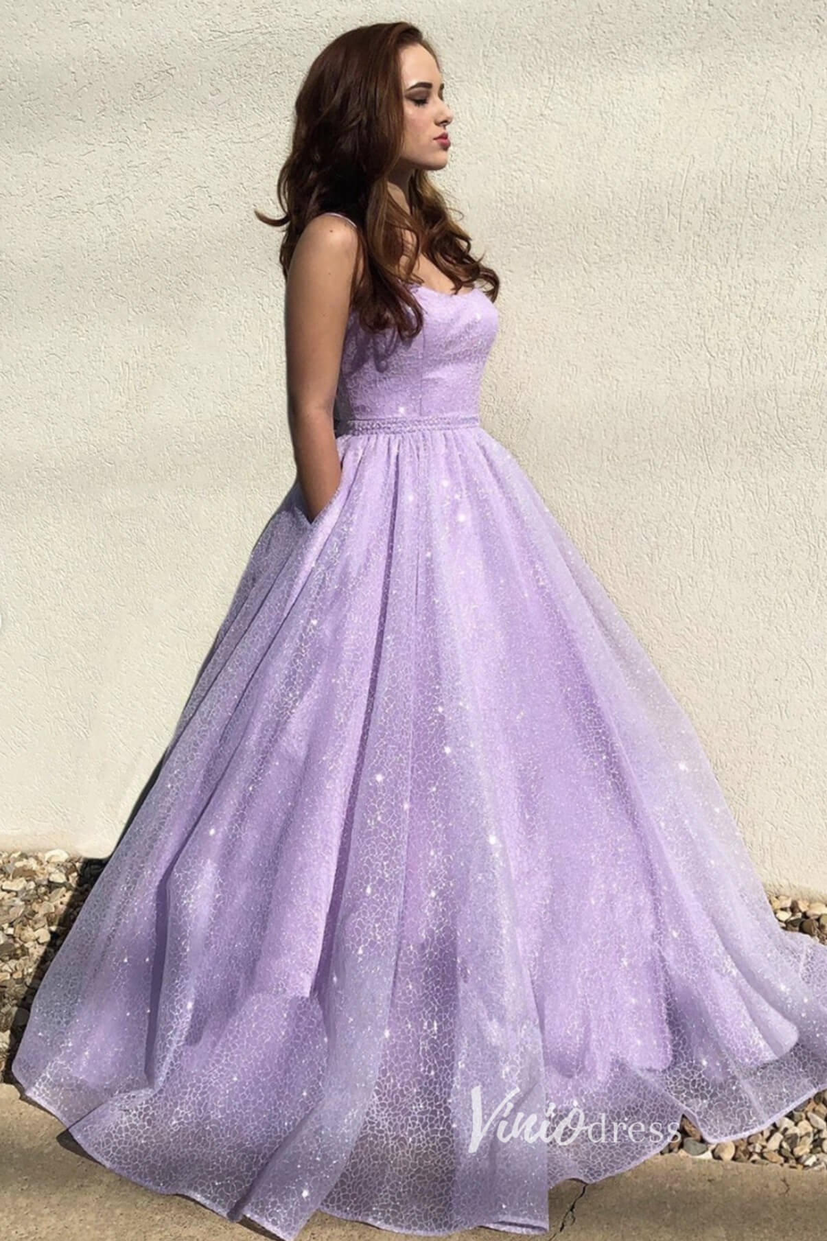 Prom Dress 2025 Spaghetti Strap Lavender Lace Prom Dress Long with Pockets FD2653-unique prom dresses-Lavender-Custom Size-Viniodress