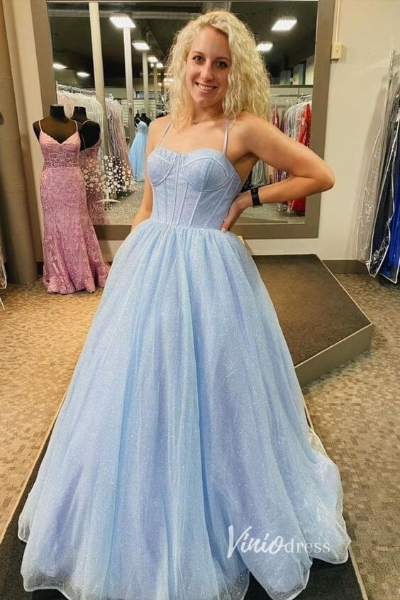 Prom Dress 2025 Spaghetti Strap Long Prom Dresses Boned Bodice Sparkly Tulle Formal Dress FD2016B-unique prom dresses-As Picture-Custom Size-Viniodress