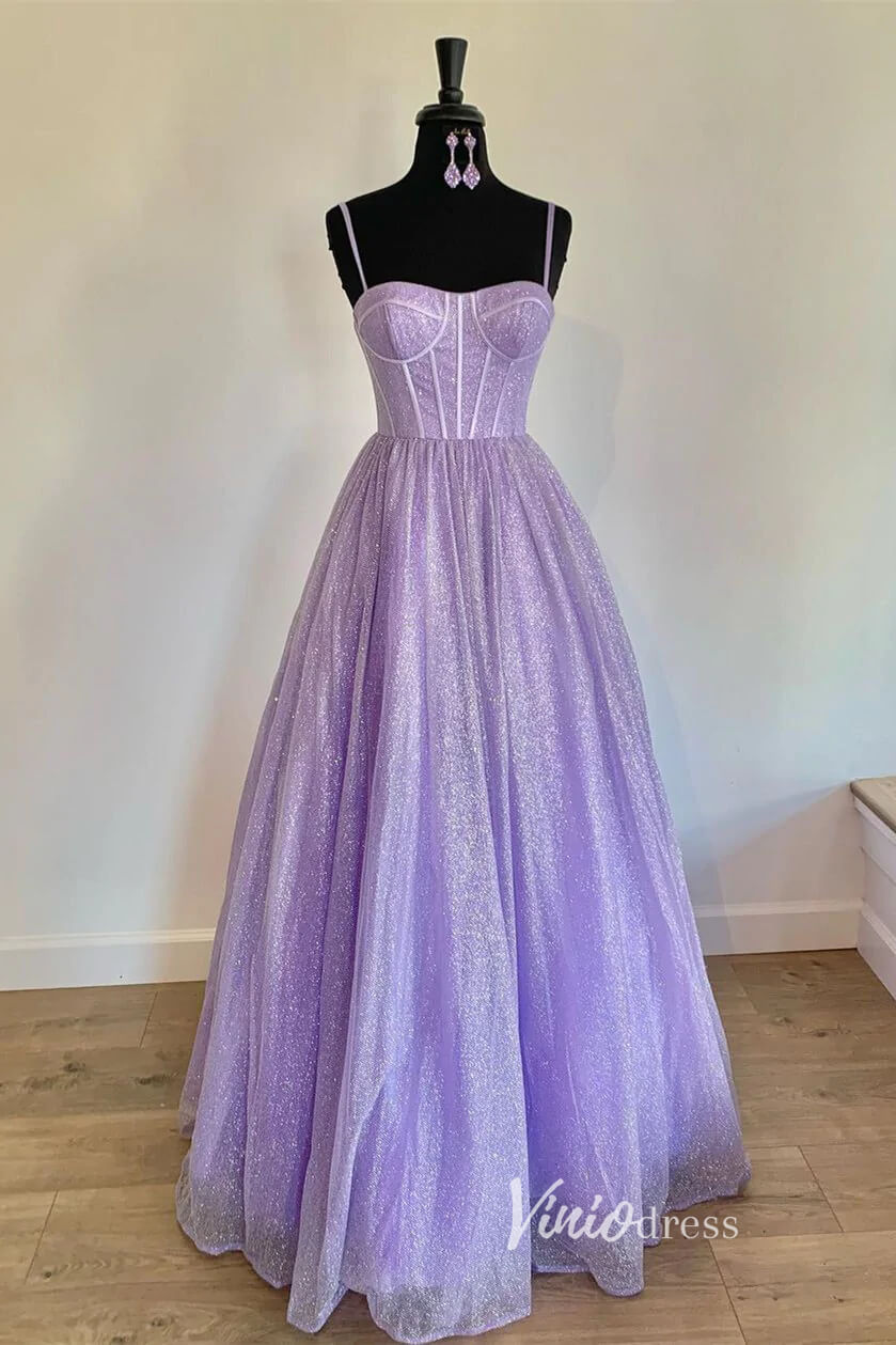 Prom Dress 2025 Spaghetti Strap Long Prom Dresses Boned Bodice Sparkly Tulle Formal Dress FD2016B-unique prom dresses-Lavender-Custom Size-Viniodress