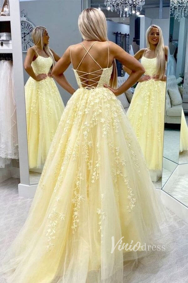 Prom Dress 2025 Spaghetti Strap Long Prom Dresses Lace-Up Back FD1265B-unique prom dresses-Yellow-Custom Size-Viniodress