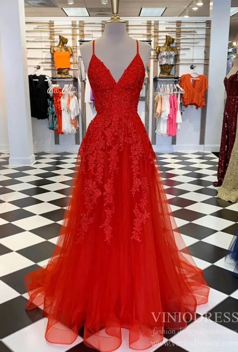 Prom Dress 2025 Spaghetti Strap Red Prom Dresses Lace Appliqued Tulle Formal Dress FD2124-unique prom dresses-Red-Custom Size-Viniodress