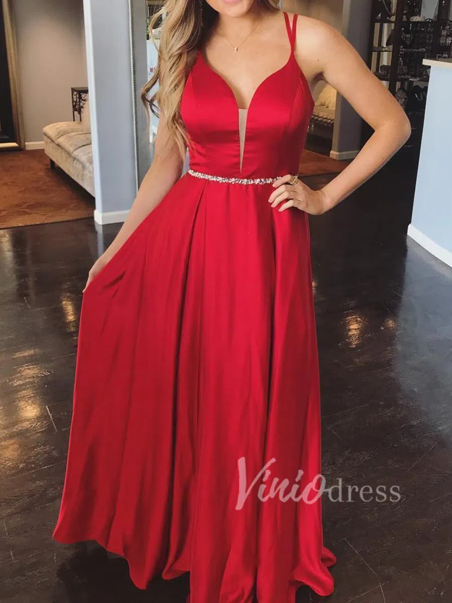 Prom Dress 2025 Spaghetti Strap Red Prom Dresses V Neck Long Formal Dress FD1581-unique prom dresses-Red-Custom Size-Viniodress