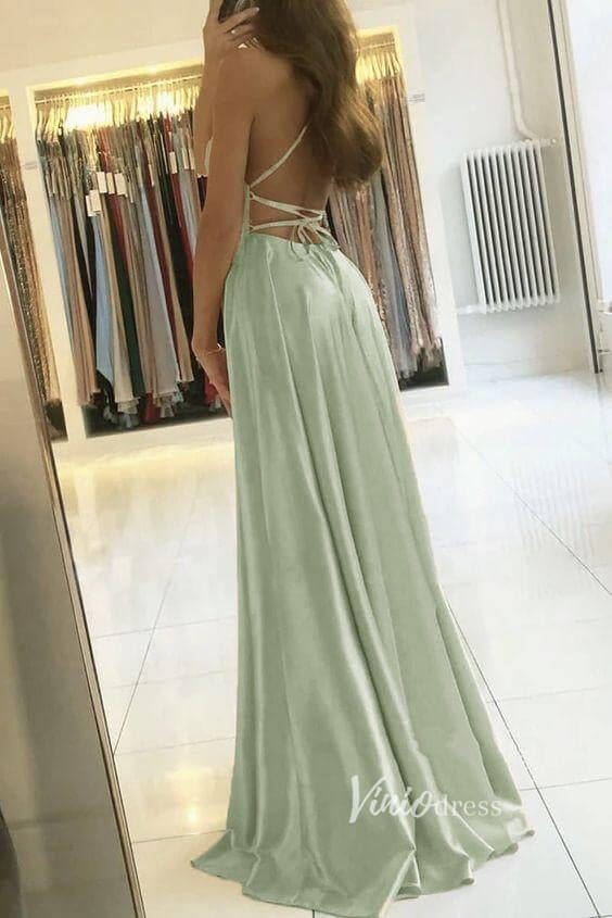 Prom Dress 2025 Spaghetti Strap Sage Green Satin Prom Dresses with Slit FD2706B-unique prom dresses-Sage-Custom Size-Viniodress