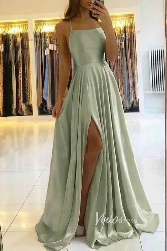 Prom Dress 2025 Spaghetti Strap Sage Green Satin Prom Dresses with Slit FD2706B-unique prom dresses-Sage-Custom Size-Viniodress