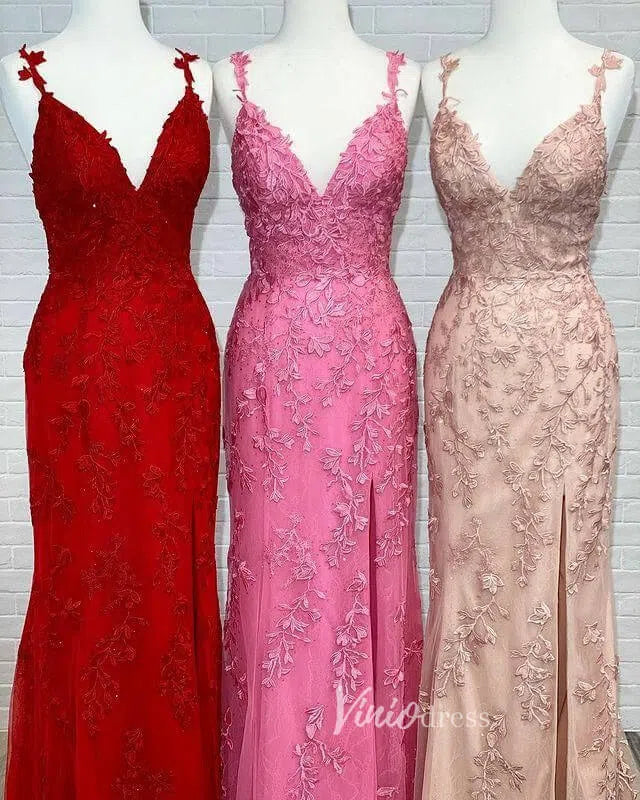 Prom Dress 2025 Spaghetti Strap Sheath Lace Prom Dress with Slit FD1250D-unique prom dresses-Hot Pink-Custom Size-Viniodress