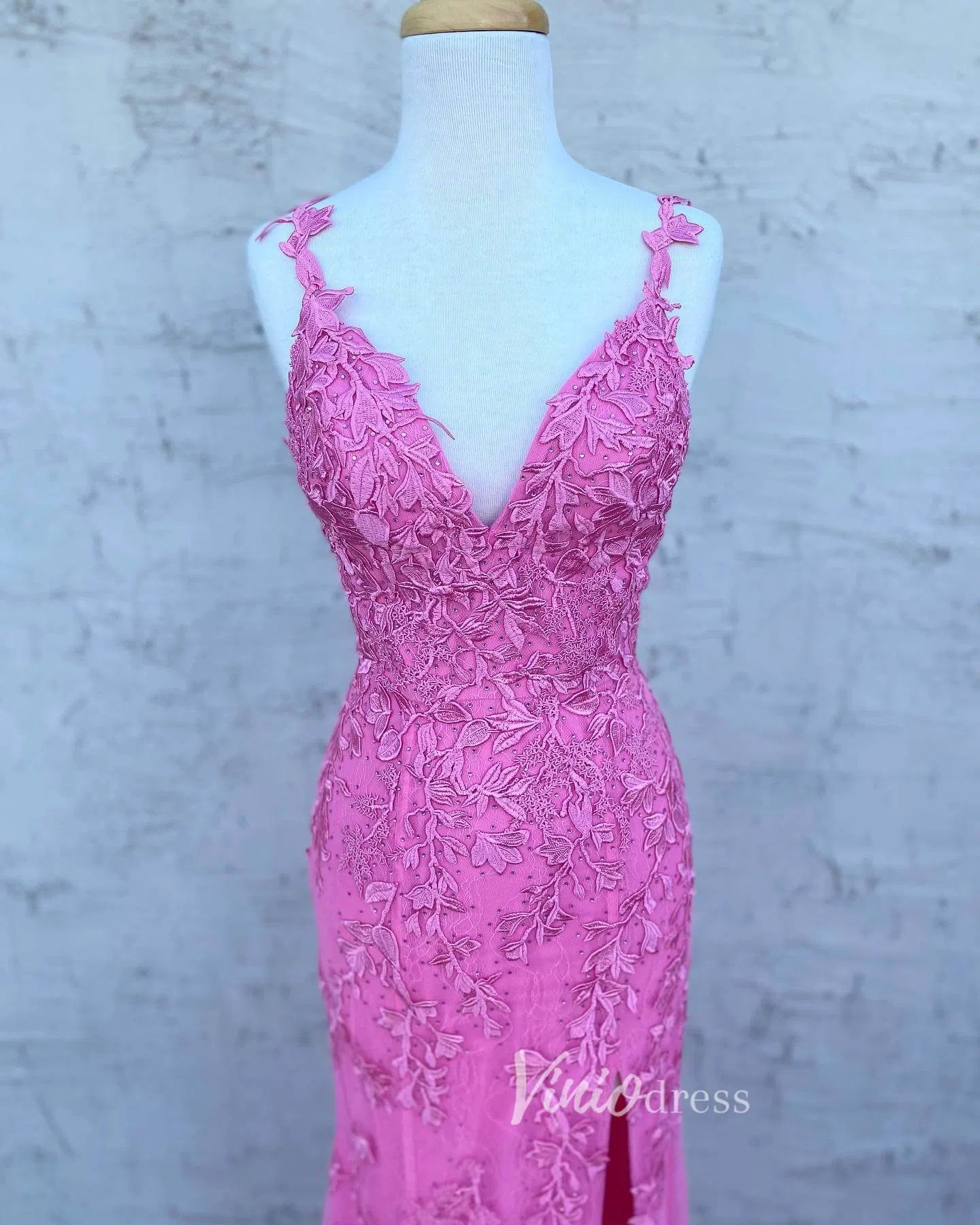 Prom Dress 2025 Spaghetti Strap Sheath Lace Prom Dress with Slit FD1250D-unique prom dresses-Hot Pink-Custom Size-Viniodress