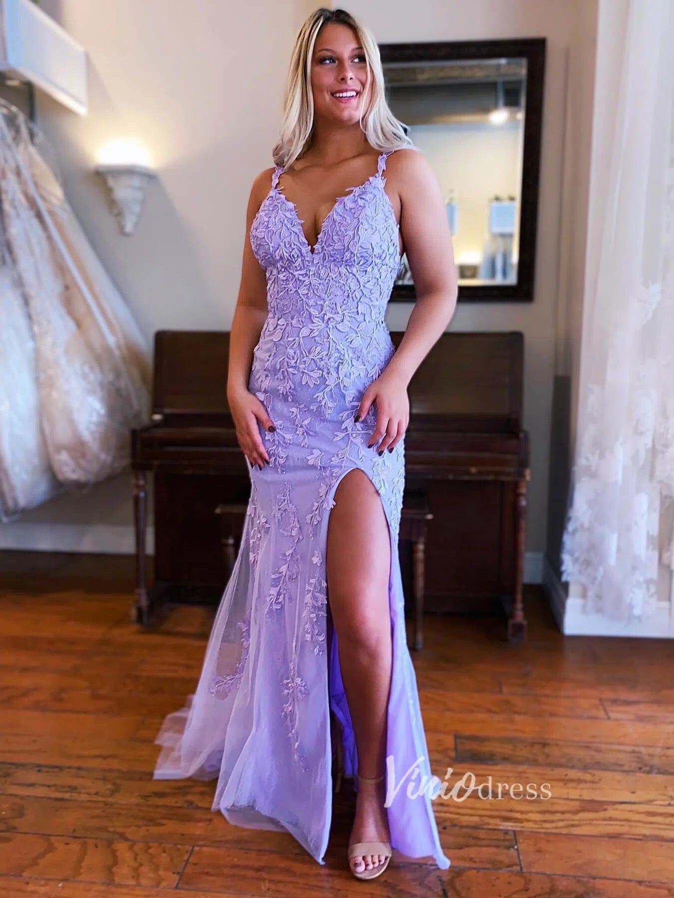 Prom Dress 2025 Spaghetti Strap Sheath Lace Prom Dress with Slit FD1250D-unique prom dresses-Lavender-Custom Size-Viniodress