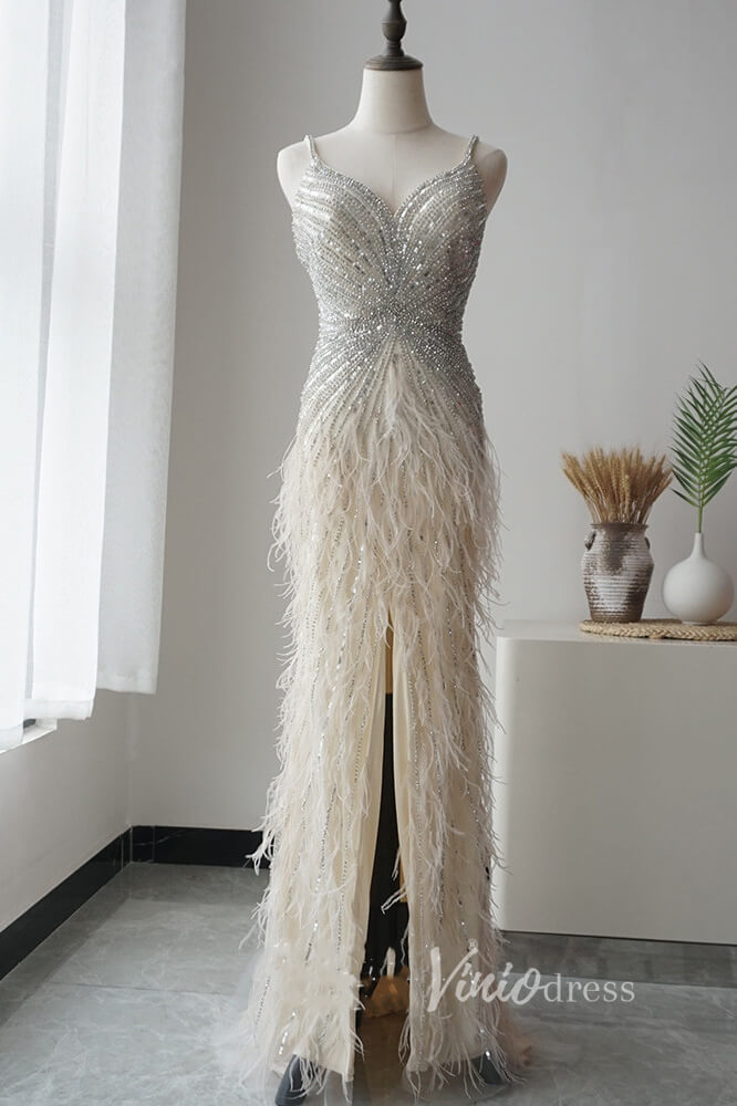 Prom Dress 2025 Spaghetti Strap Sheath Prom Dress Beaded Feather 20s Evening Dress FD2477-unique prom dresses-Champagne-US 2-Viniodress